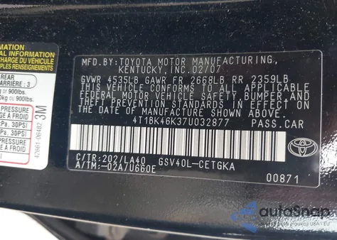 2007 Toyota Camry Xle V6 from USA, damaged, VIN 4T1BK46K37U032877
